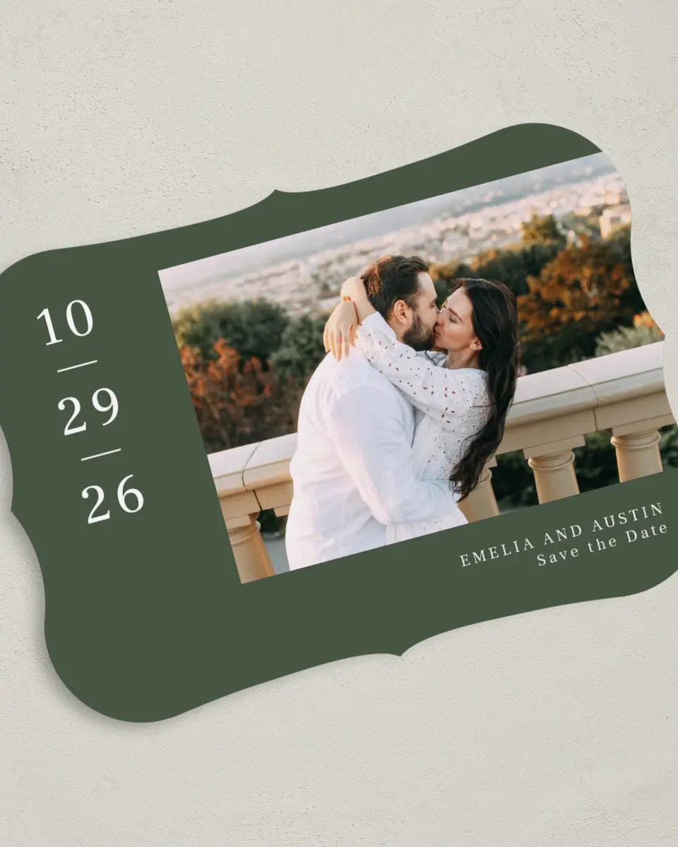 This is a 5" x 7" Save the Date Card called Magnificent Margin printed in full color on Premium Smooth paper