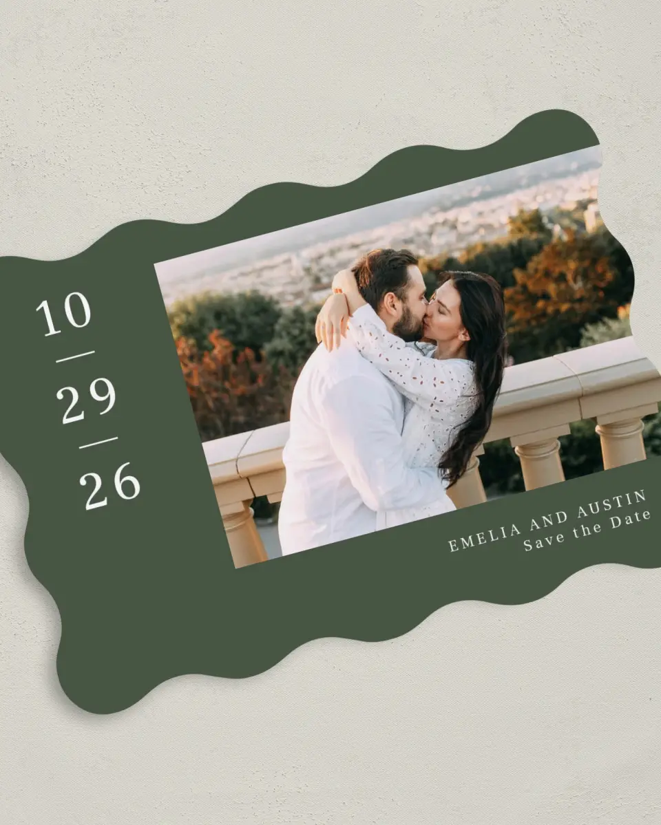 This is a 5" x 7" Save the Date Card called Magnificent Margin printed in full color on Premium Smooth paper