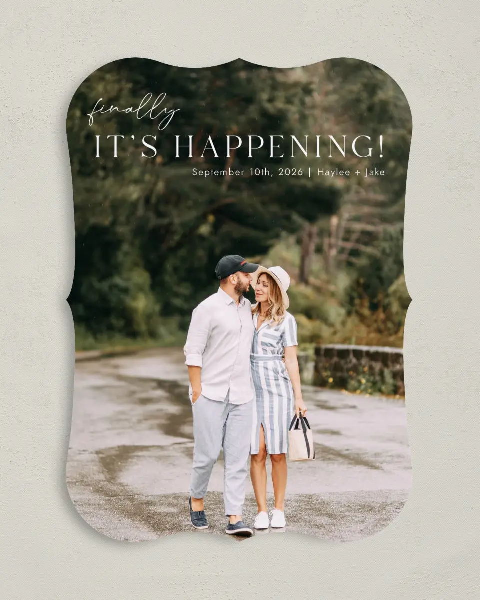 This is a 5" x 7" Save the Date Card called Peppy Proclamation printed in full color on Premium Smooth paper