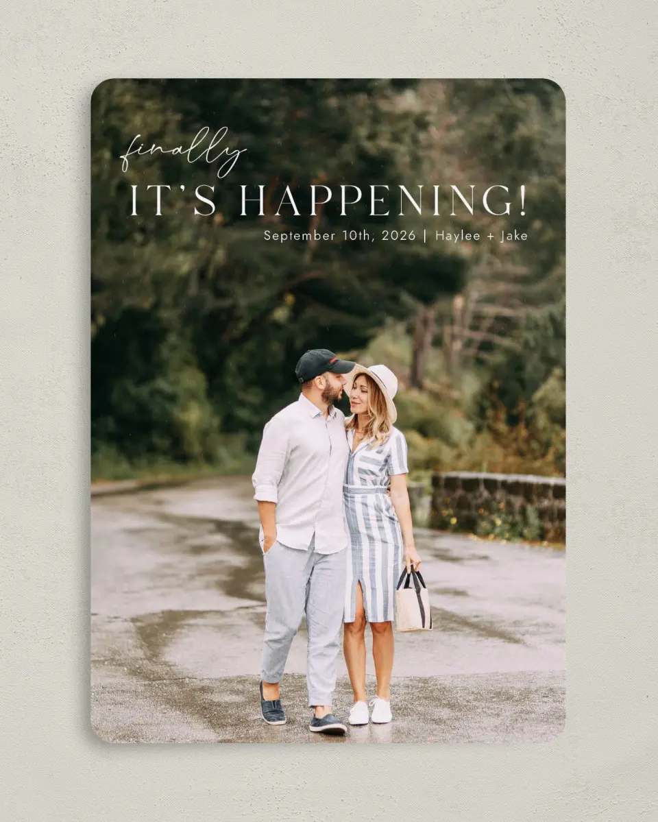 This is a 5" x 7" Save the Date Card called Peppy Proclamation printed in full color on Premium Smooth paper