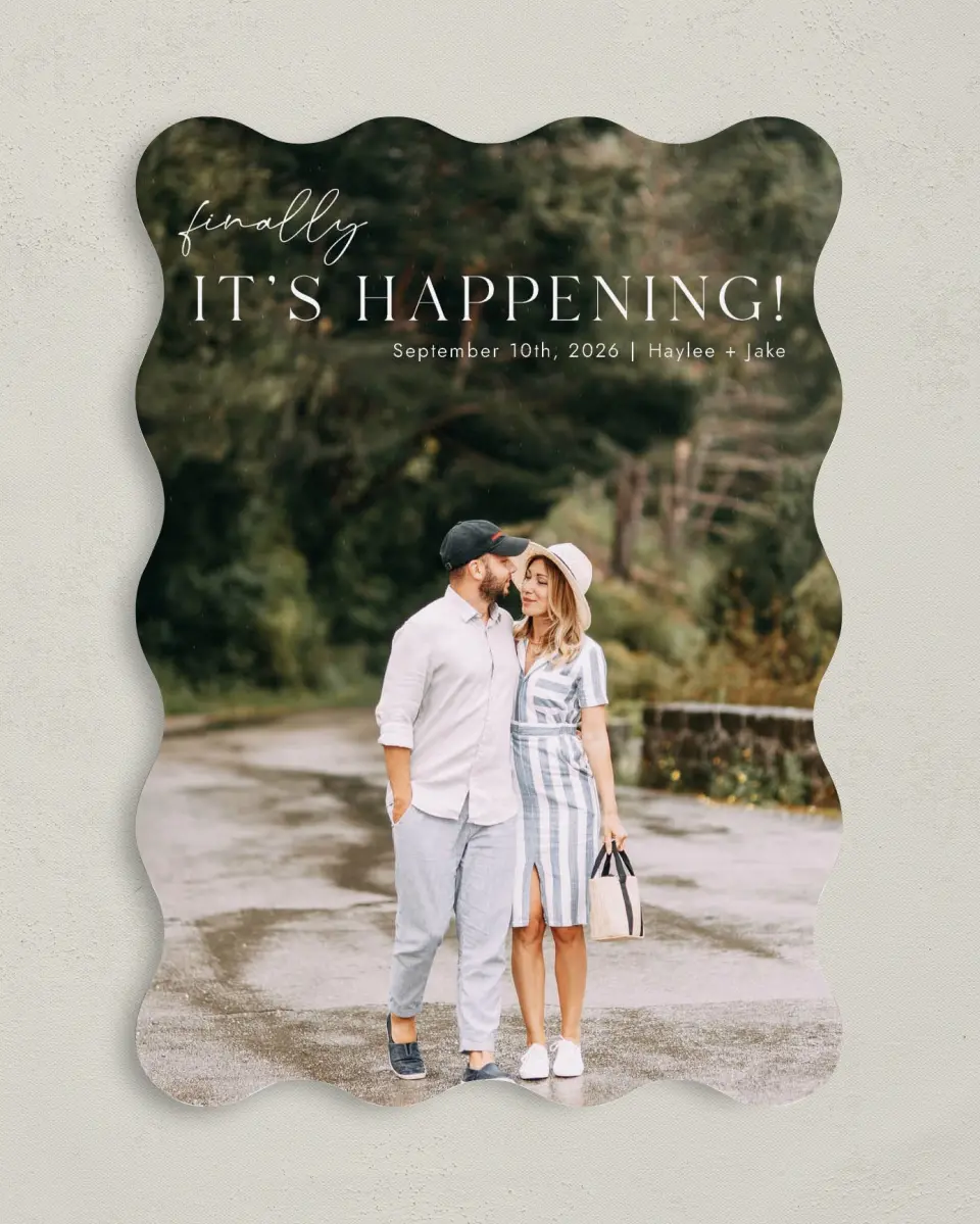 This is a 5" x 7" Save the Date Card called Peppy Proclamation printed in full color on Premium Smooth paper