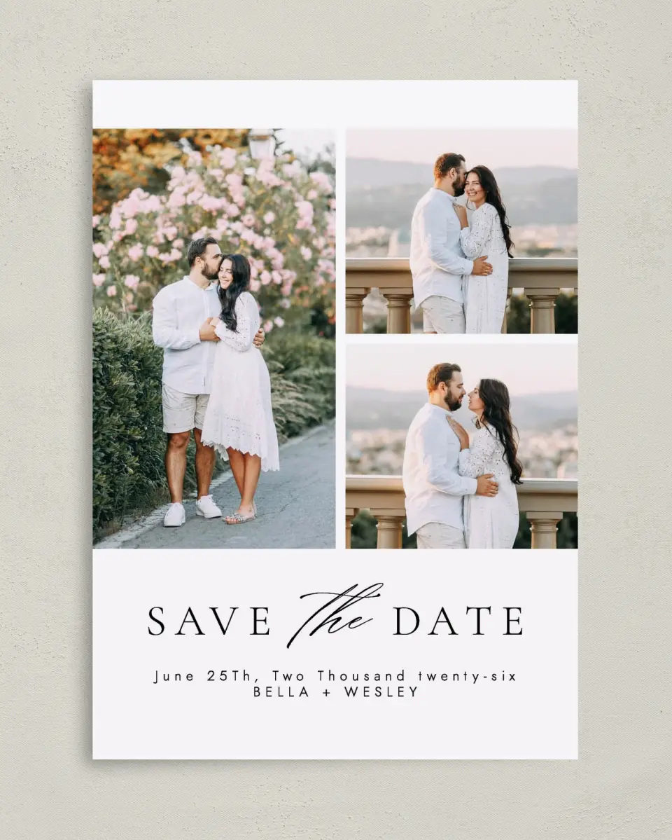 This is a 5" x 7" Save the Date Card called Fresh Medley printed in full color on Premium Smooth paper