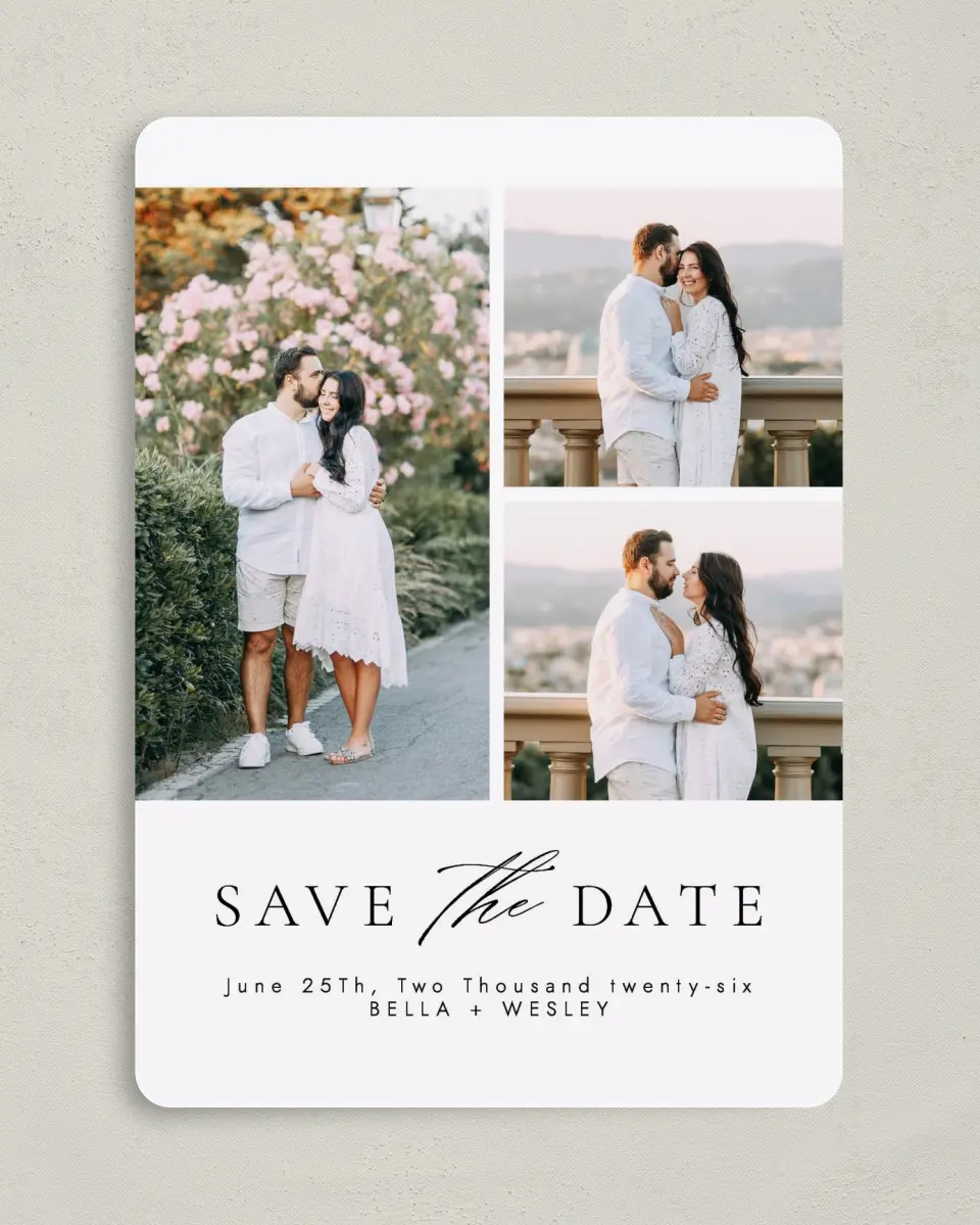 This is a 5" x 7" Save the Date Card called Fresh Medley printed in full color on Premium Smooth paper
