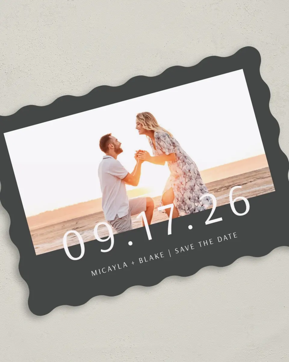 This is a 5" x 7" Save the Date Card called Powerful Mark printed in full color on Premium Smooth paper