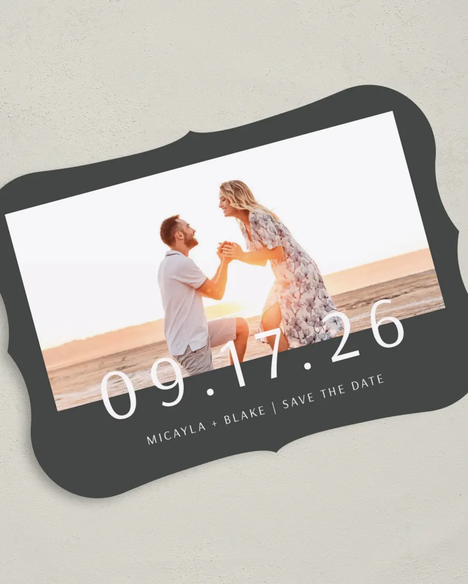 This is a 5" x 7" Save the Date Card called Powerful Mark printed in full color on Premium Smooth paper