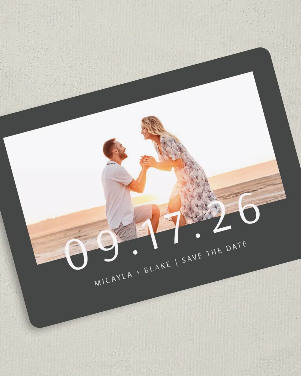 This is a 5" x 7" Save the Date Card called Powerful Mark printed in full color on Premium Smooth paper