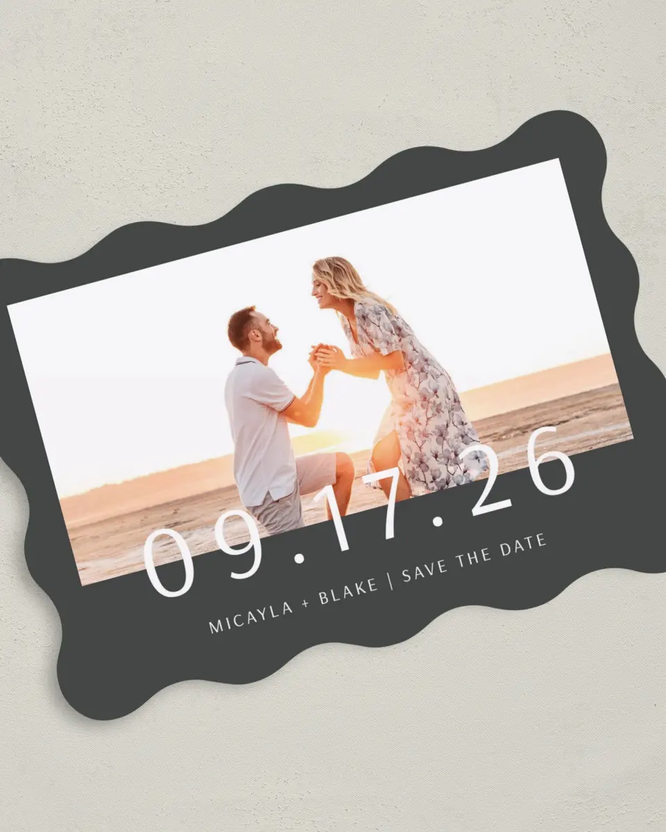 This is a 5" x 7" Save the Date Card called Powerful Mark printed in full color on Premium Smooth paper