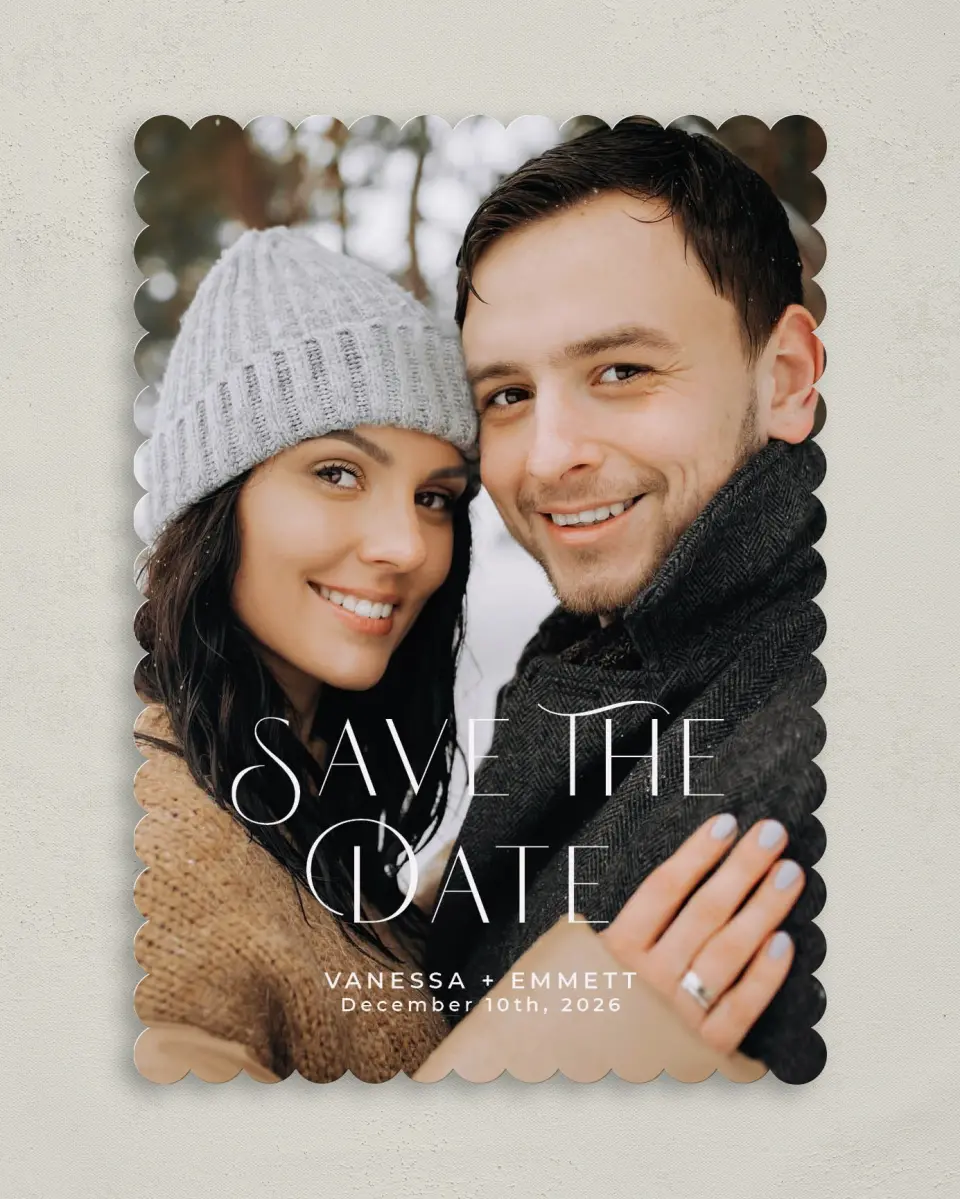 This is a 5" x 7" Save the Date Card called Stylish Touch printed in full color on Premium Smooth paper