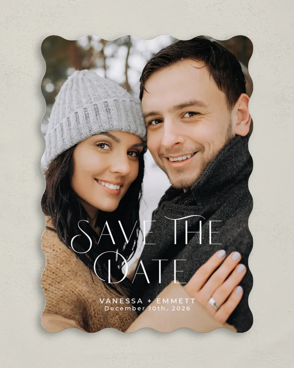 This is a 5" x 7" Save the Date Card called Stylish Touch printed in full color on Premium Smooth paper