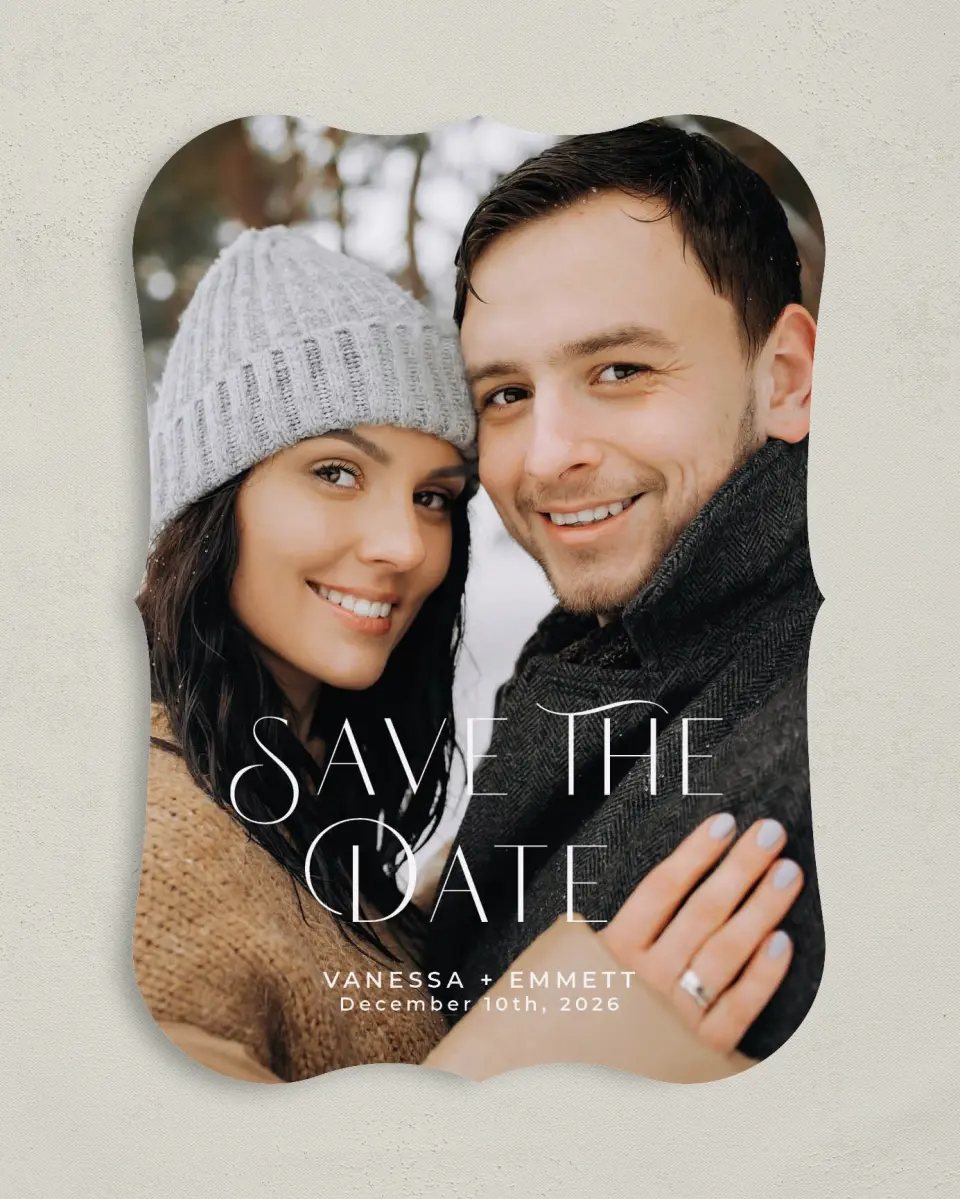 This is a 5" x 7" Save the Date Card called Stylish Touch printed in full color on Premium Smooth paper