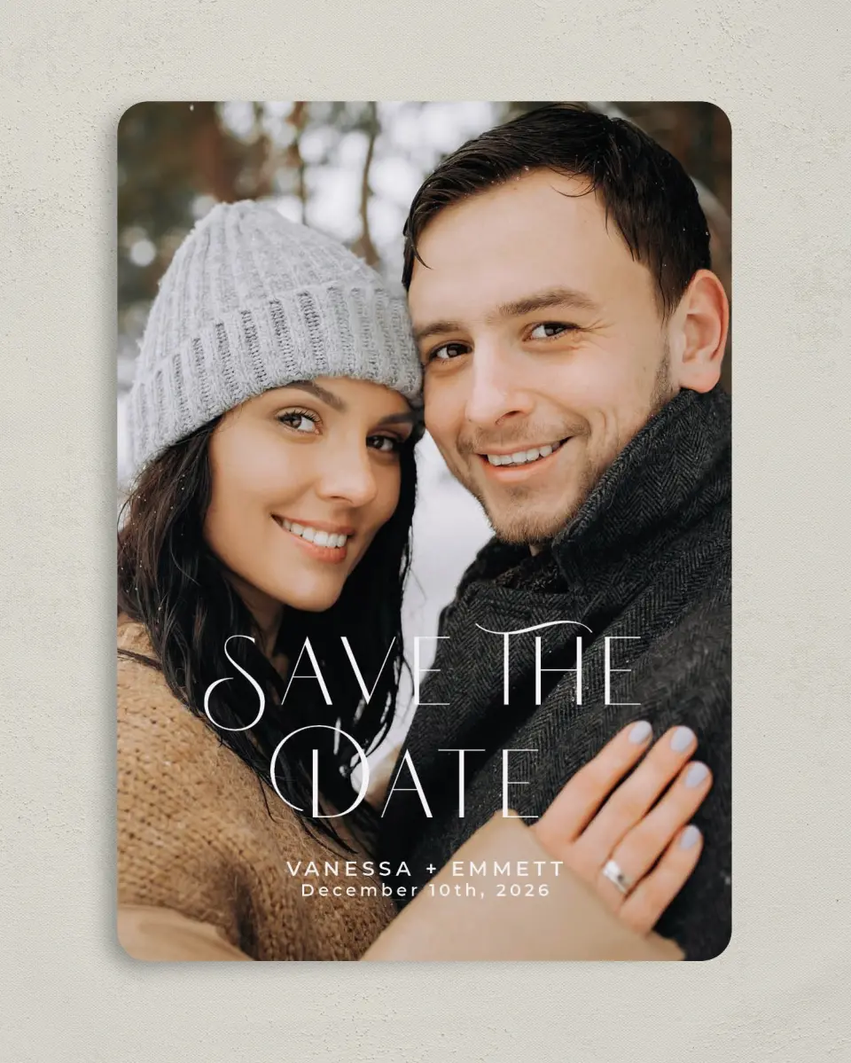 This is a 5" x 7" Save the Date Card called Stylish Touch printed in full color on Premium Smooth paper