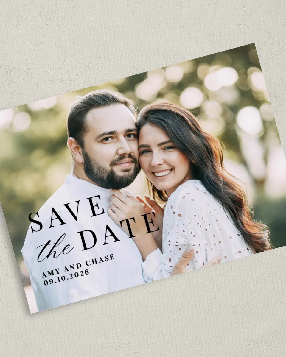 This is a 5" x 7" Save the Date Card called Darling Depiction printed in full color on Premium Smooth paper