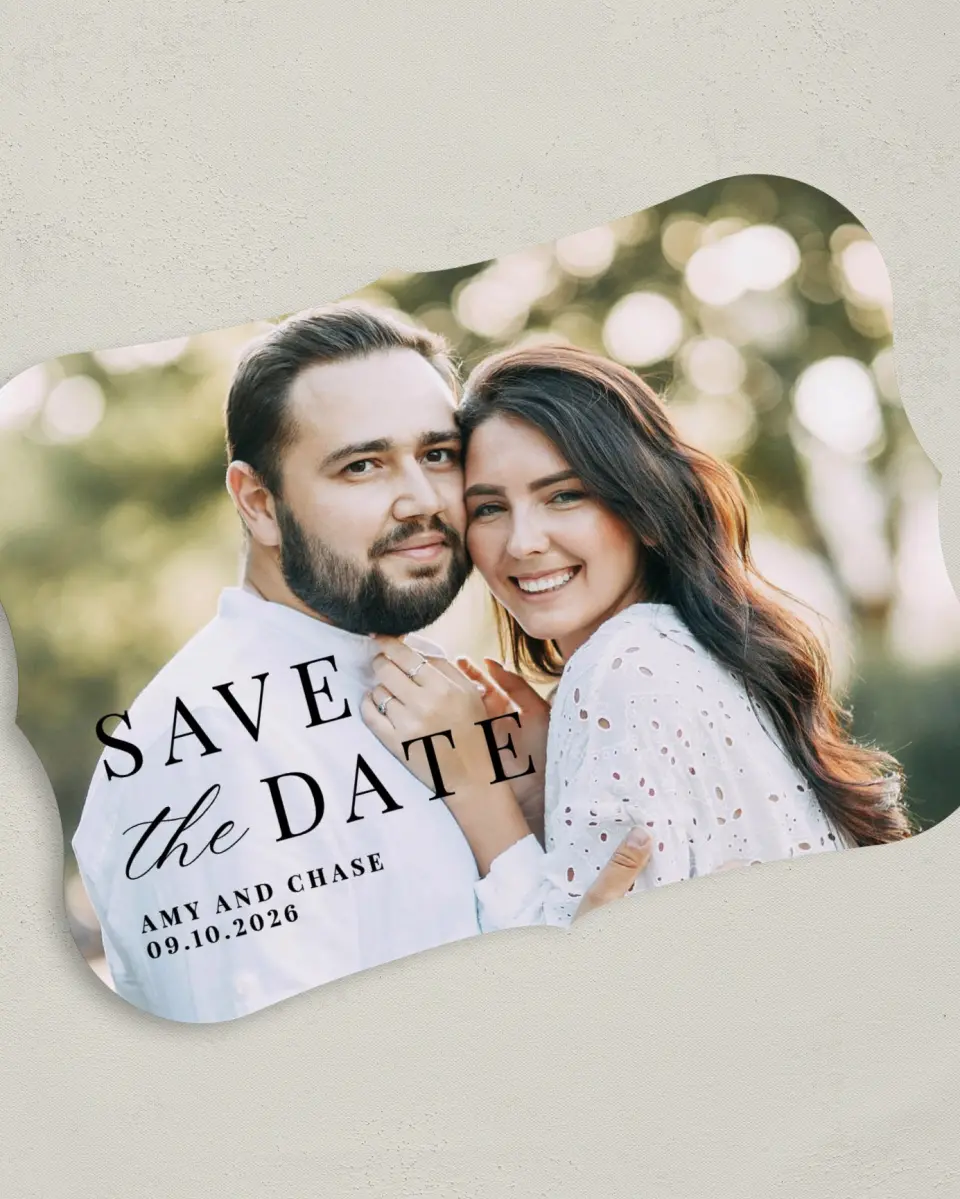 This is a 5" x 7" Save the Date Card called Darling Depiction printed in full color on Premium Smooth paper