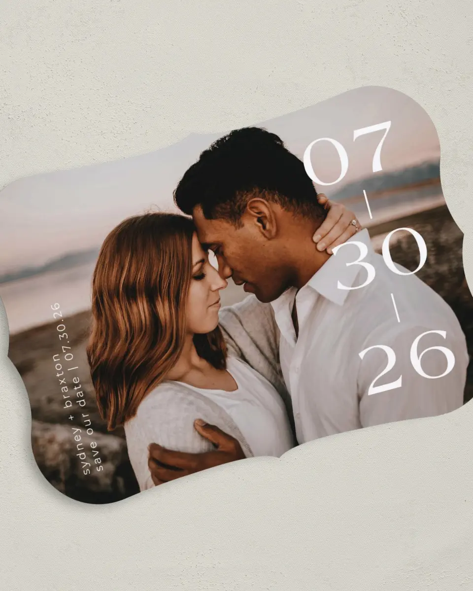 This is a 5" x 7" Save the Date Card called Daring Date printed in full color on Premium Smooth paper