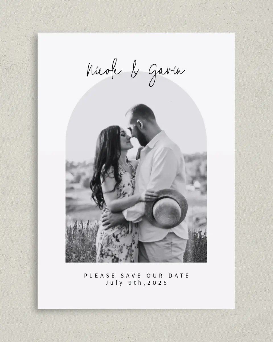 This is a 5" x 7" Save the Date Card called Love's Archway printed in full color on Premium Smooth paper