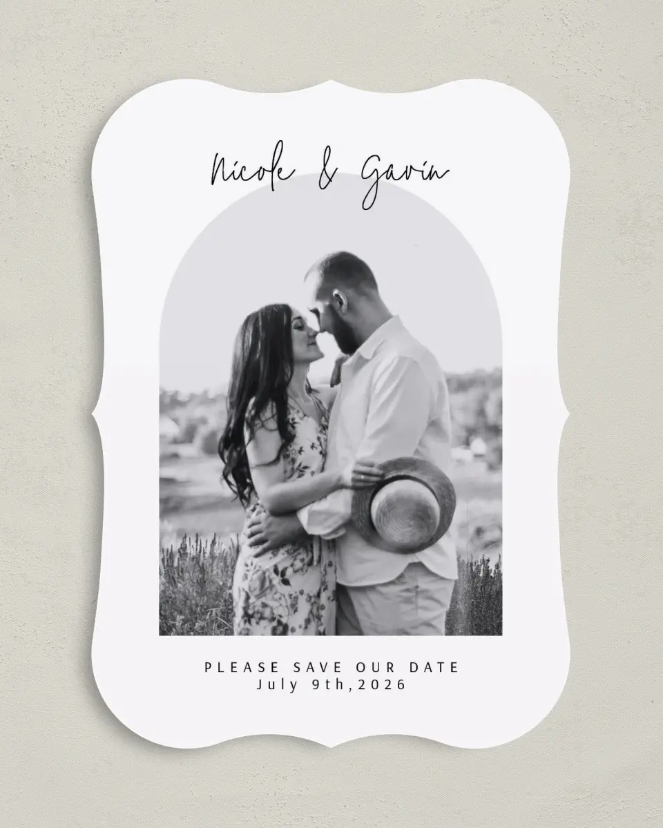 This is a 5" x 7" Save the Date Card called Love's Archway printed in full color on Premium Smooth paper