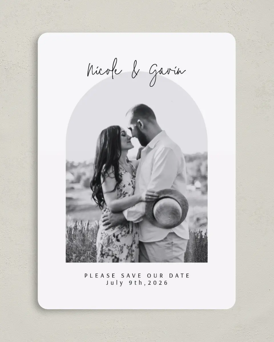 This is a 5" x 7" Save the Date Card called Love's Archway printed in full color on Premium Smooth paper