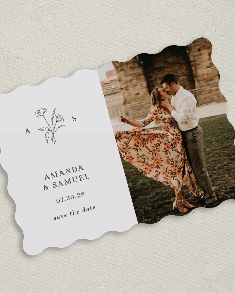 This is a 5" x 7" Save the Date Card called Monogram Bloom printed in full color on Premium Smooth paper