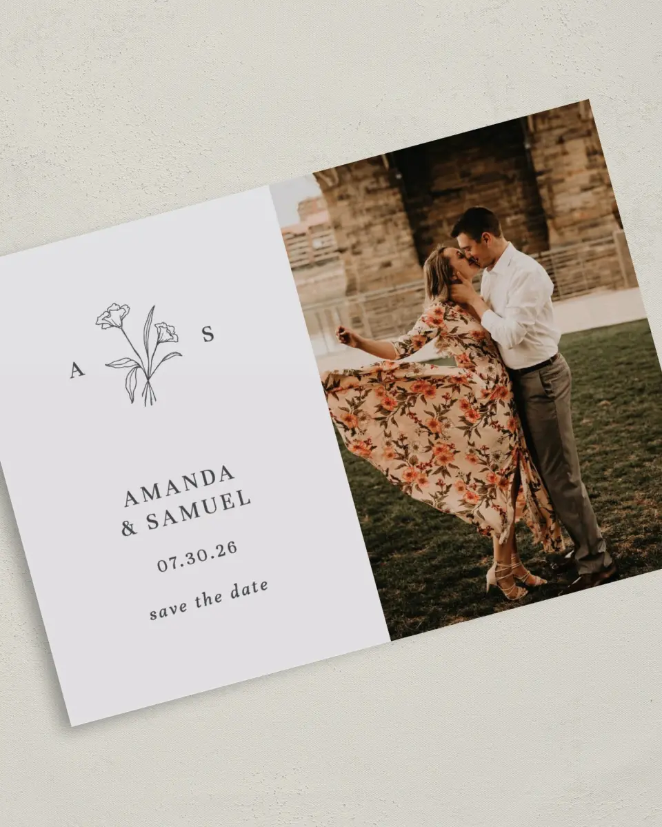 This is a 5" x 7" Save the Date Card called Monogram Bloom printed in full color on Premium Smooth paper