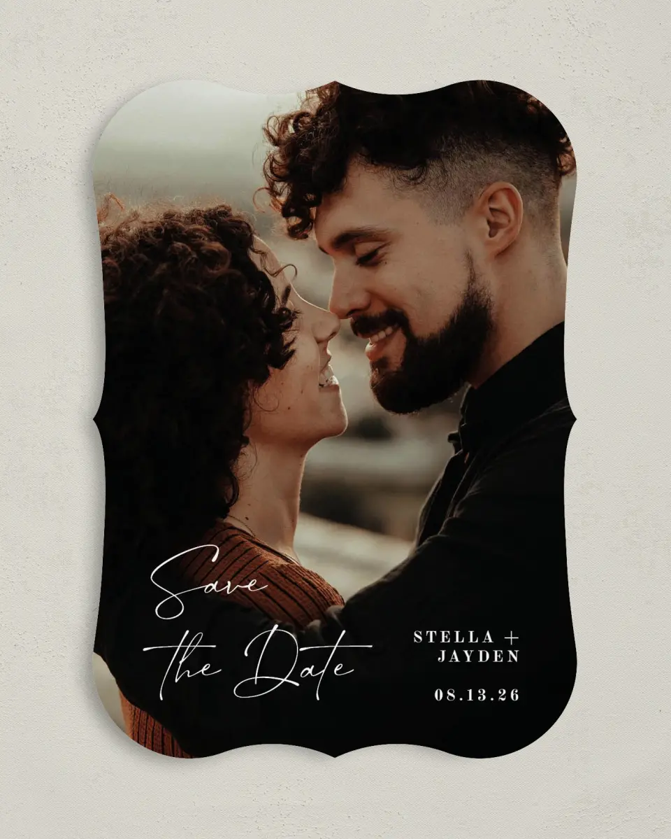 This is a 5" x 7" Save the Date Card called Delicate Treasure printed in full color on Premium Smooth paper