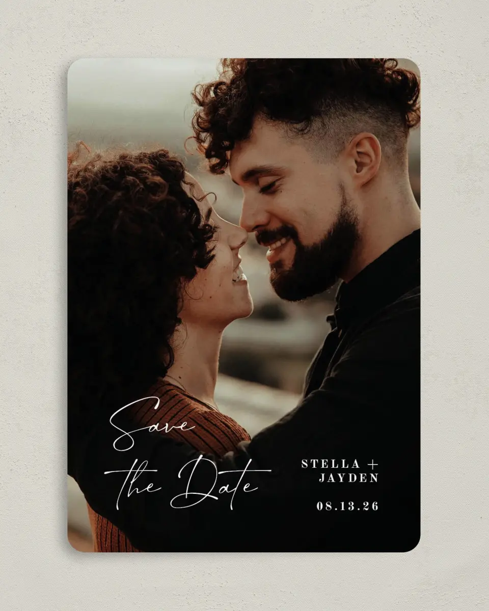 This is a 5" x 7" Save the Date Card called Delicate Treasure printed in full color on Premium Smooth paper