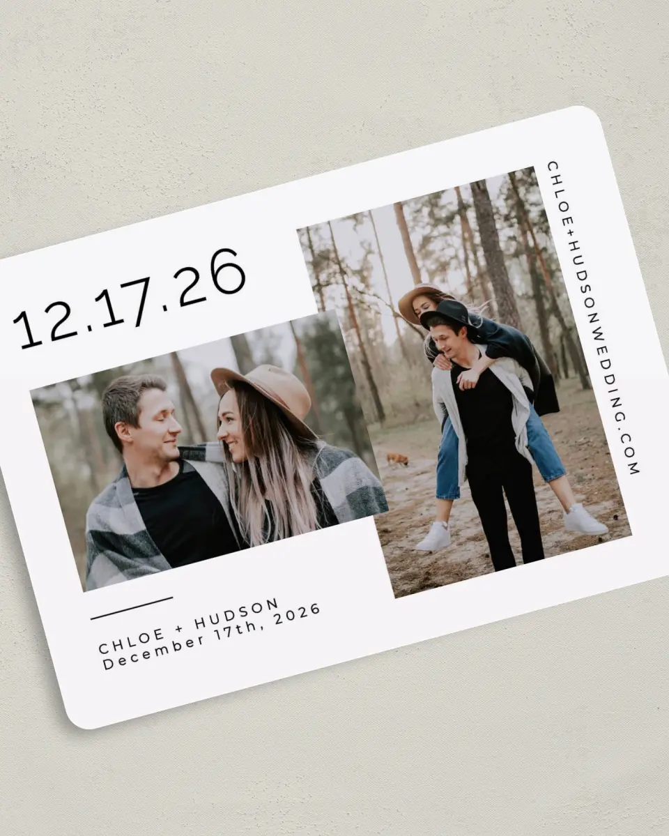 This is a 5" x 7" Save the Date Card called Fresh Date printed in full color on Premium Smooth paper