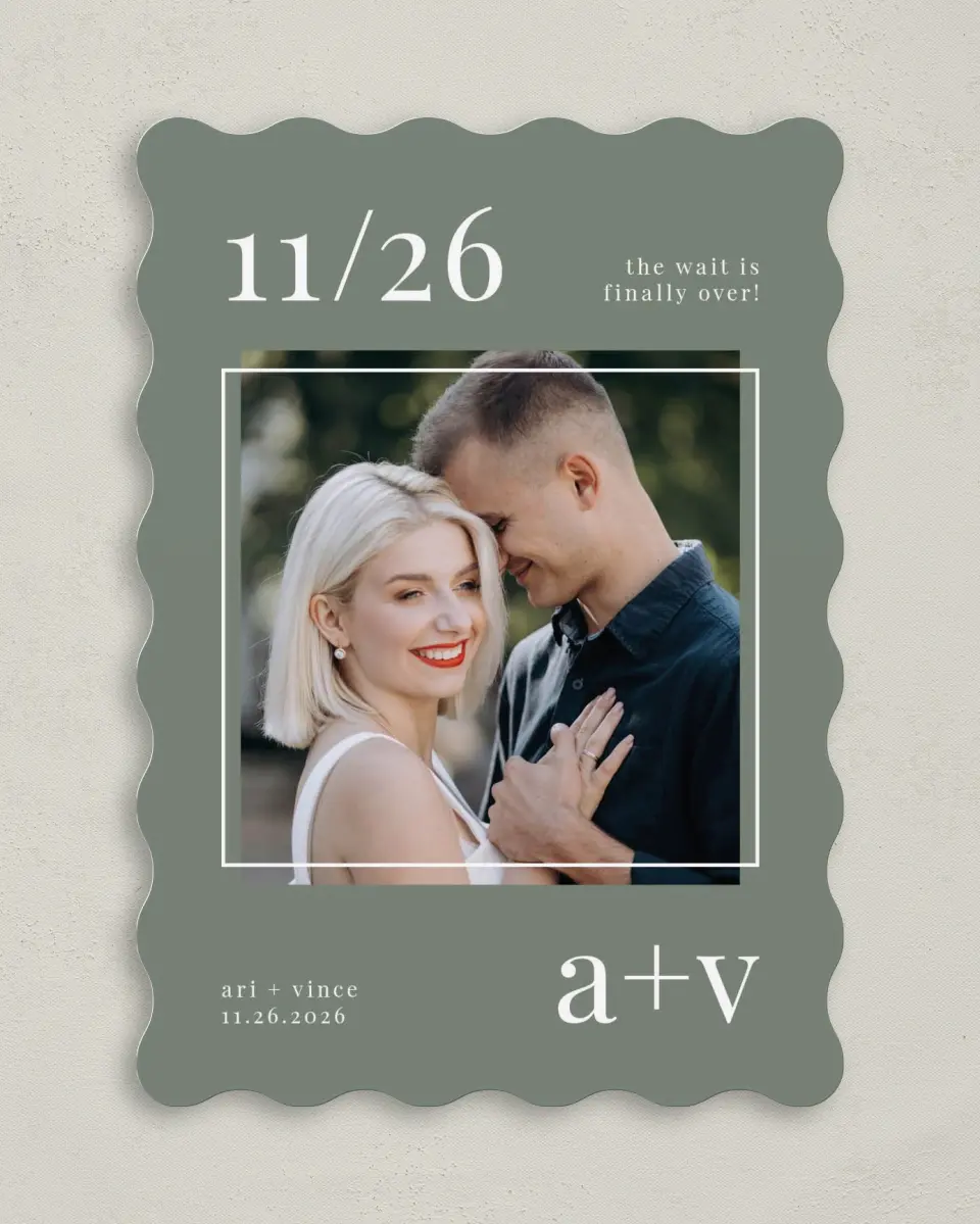 This is a 5" x 7" Save the Date Card called Darling Digest printed in full color on Premium Smooth paper