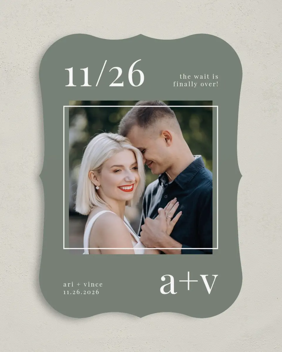 This is a 5" x 7" Save the Date Card called Darling Digest printed in full color on Premium Smooth paper