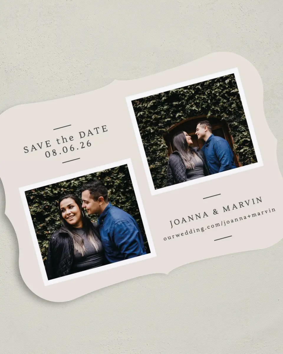 This is a 5" x 7" Save the Date Card called Precious Pair printed in full color on Premium Smooth paper