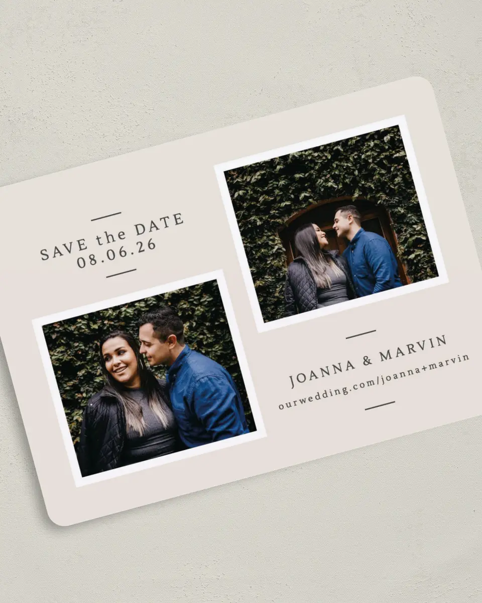 This is a 5" x 7" Save the Date Card called Precious Pair printed in full color on Premium Smooth paper