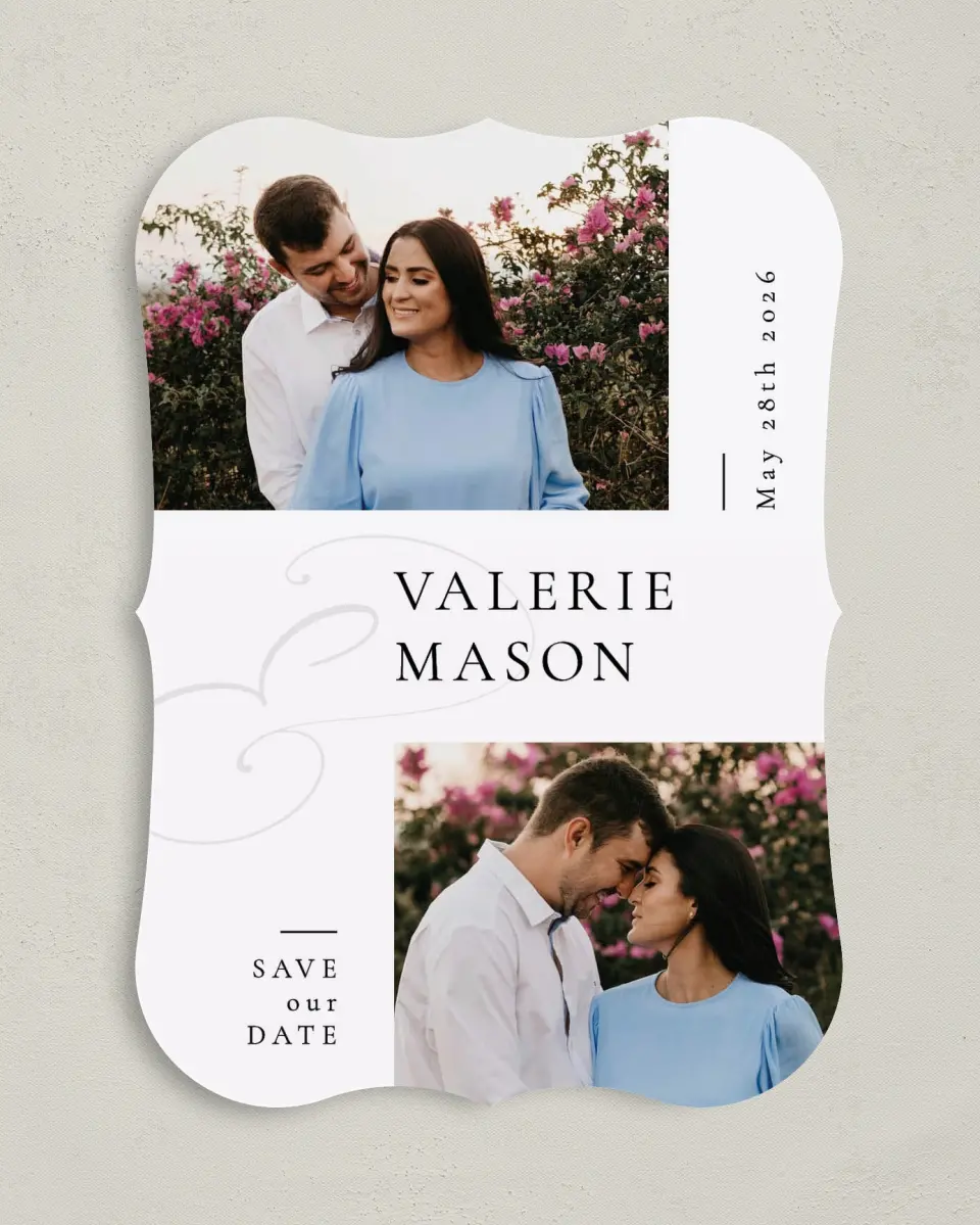 This is a 5" x 7" Save the Date Card called And Love printed in full color on Premium Smooth paper