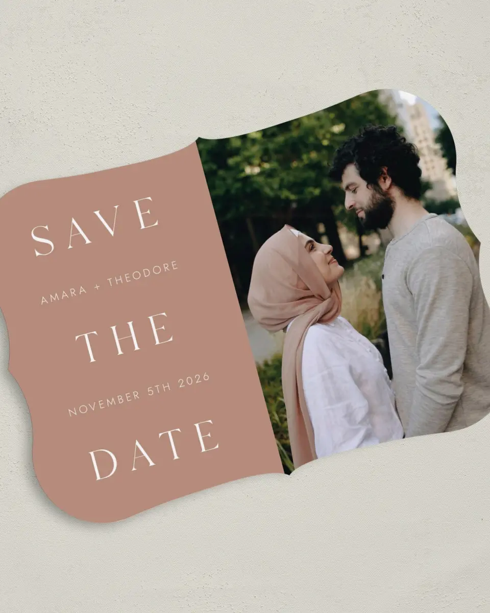 This is a 5" x 7" Save the Date Card called Stacked Pair printed in full color on Premium Smooth paper