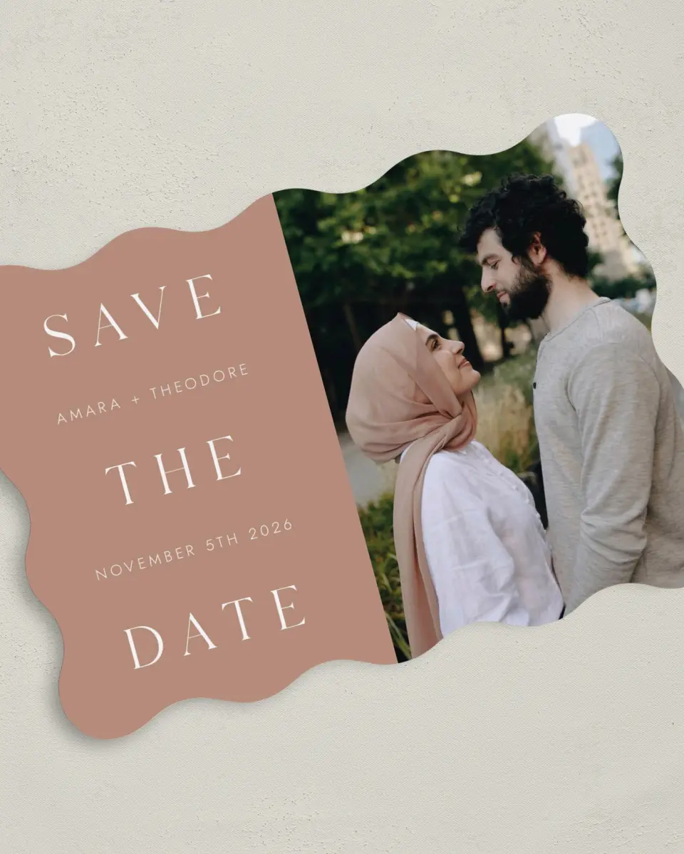 This is a 5" x 7" Save the Date Card called Stacked Pair printed in full color on Premium Smooth paper
