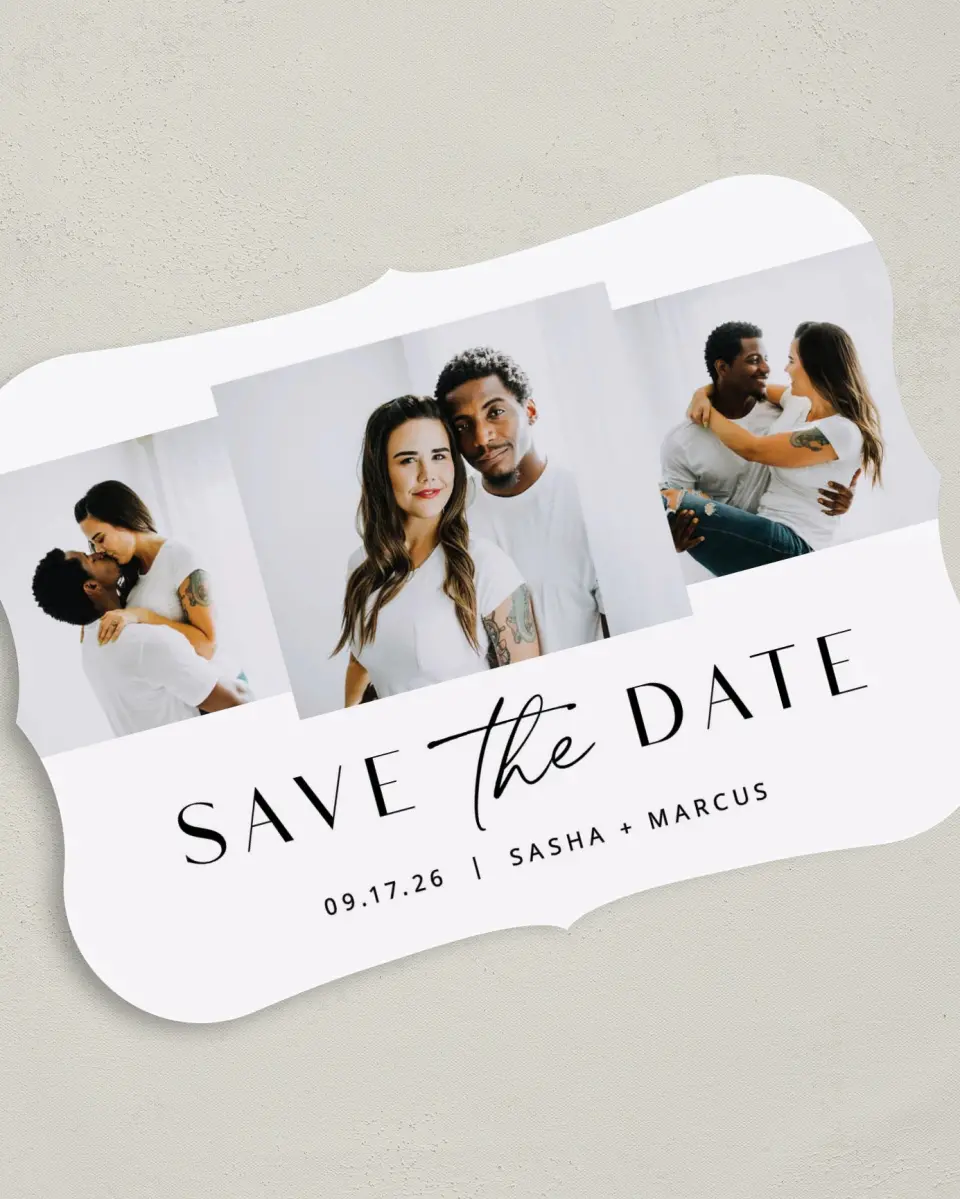 This is a 5" x 7" Save the Date Card called Tender Trio printed in full color on Premium Smooth paper