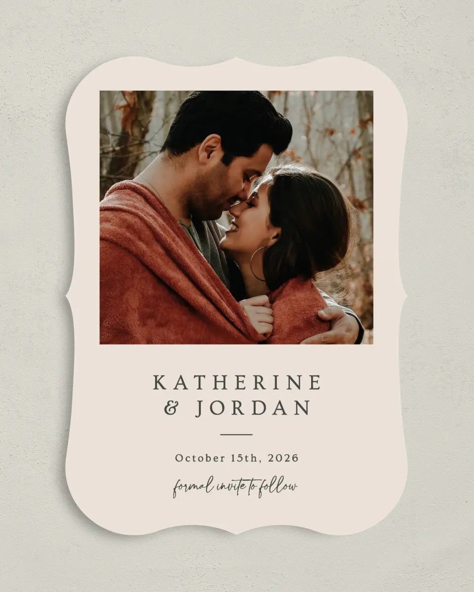 This is a 5" x 7" Save the Date Card called Wrapped in Love printed in full color on Premium Smooth paper
