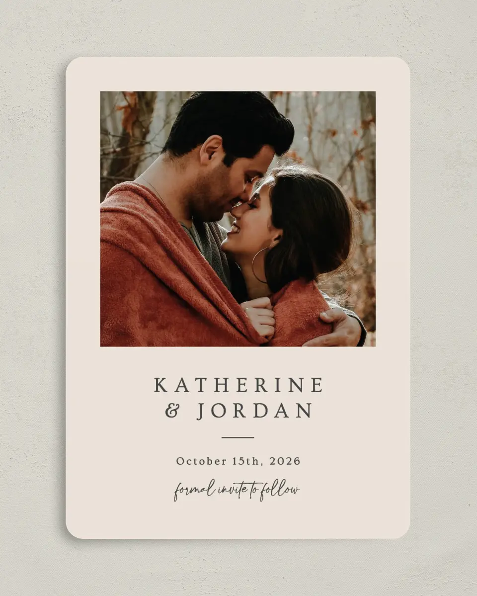 This is a 5" x 7" Save the Date Card called Wrapped in Love printed in full color on Premium Smooth paper