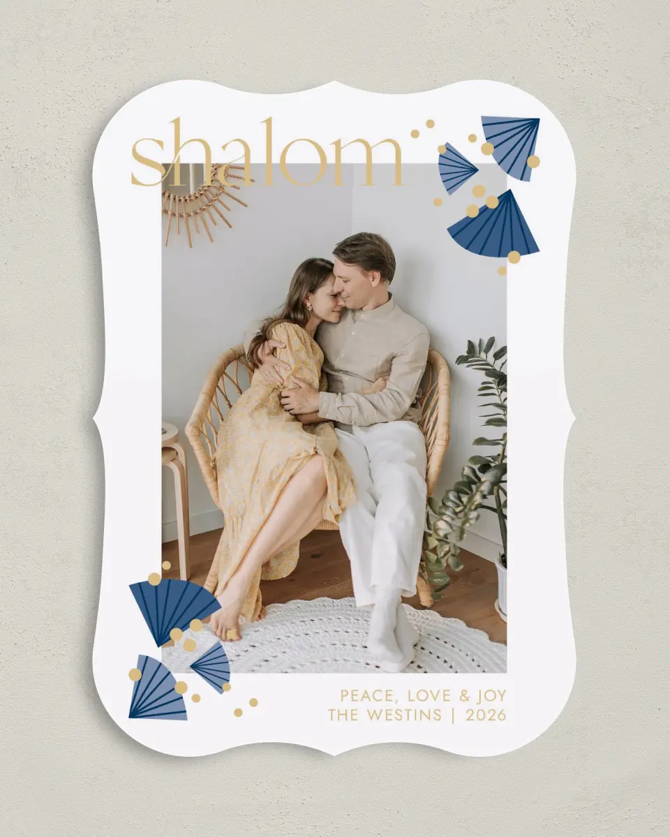 This is a 5" x 7" Hanukkah Card called Fan Salutation printed in full color with Silver foil on Luxe Satin (coated) paper