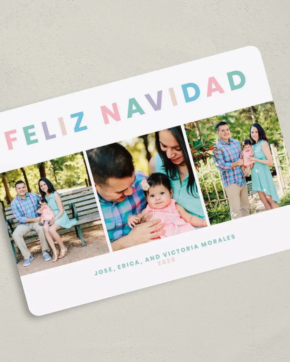 This is a 5" x 7" Christmas Card called Feliz Navidad printed in full color on Premium Smooth paper