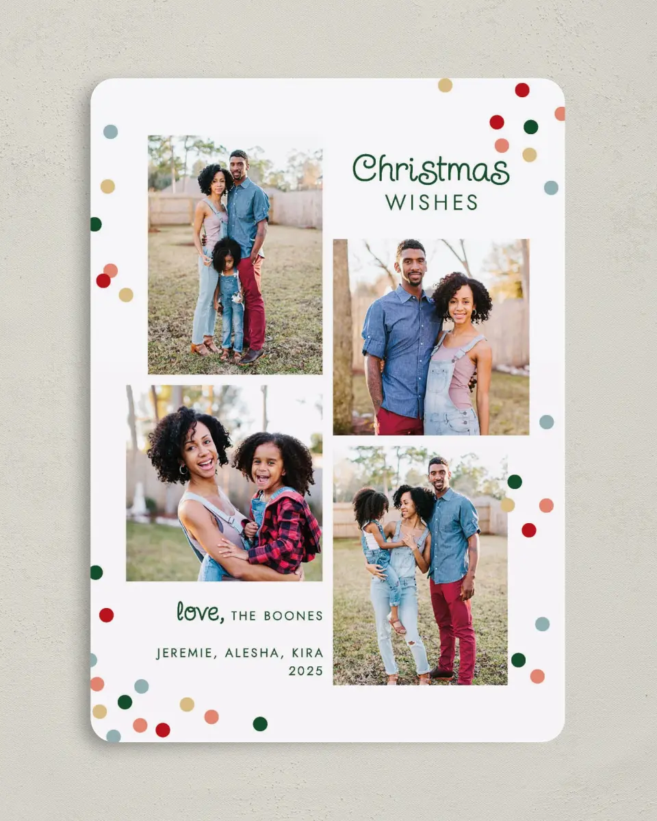 This is a 5" x 7" Christmas Card called Shining Wishes printed in full color on Premium Smooth paper