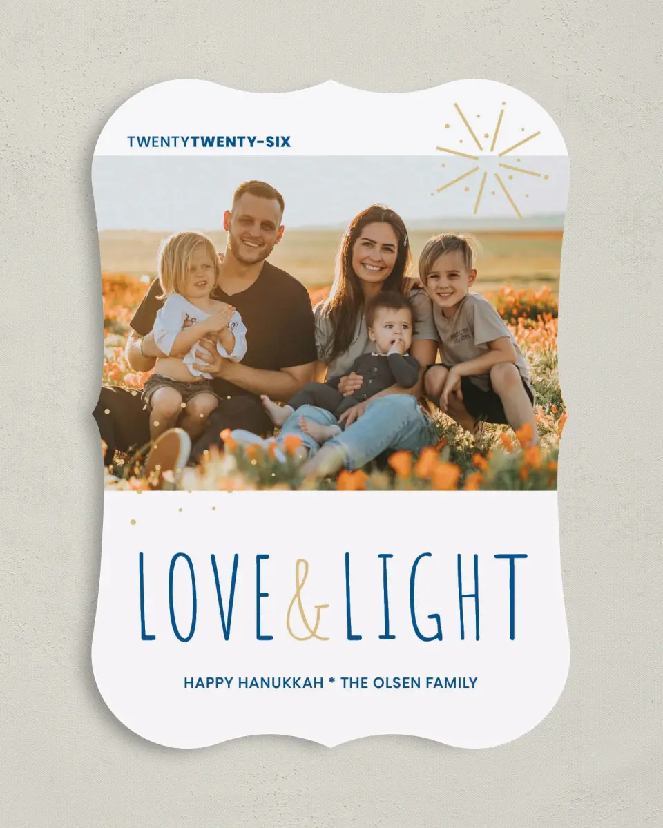 This is a 5" x 7" Hanukkah Card called Lovely Light printed in full color with Silver foil on Luxe Satin (coated) paper