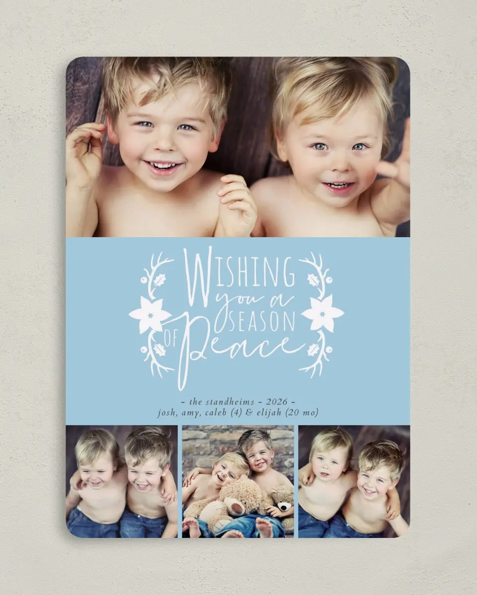 This is a 5" x 7" Hanukkah Card called Season of Peace printed in full color with Gold foil on Luxe Satin (coated) paper