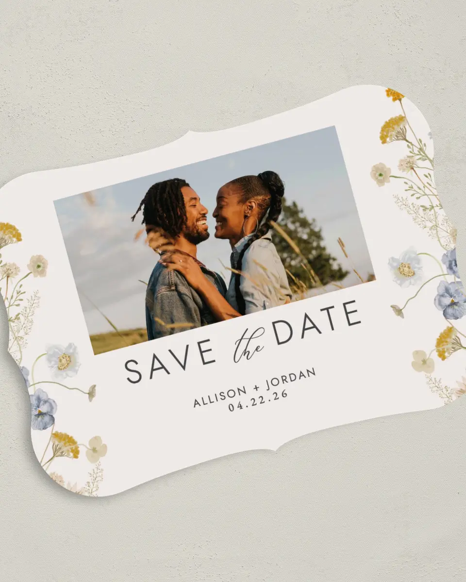 This is a 5" x 7" Save the Date Card called Tender Blooms printed in full color on Premium Smooth paper