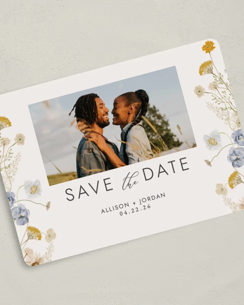 This is a 5" x 7" Save the Date Card called Tender Blooms printed in full color on Premium Smooth paper