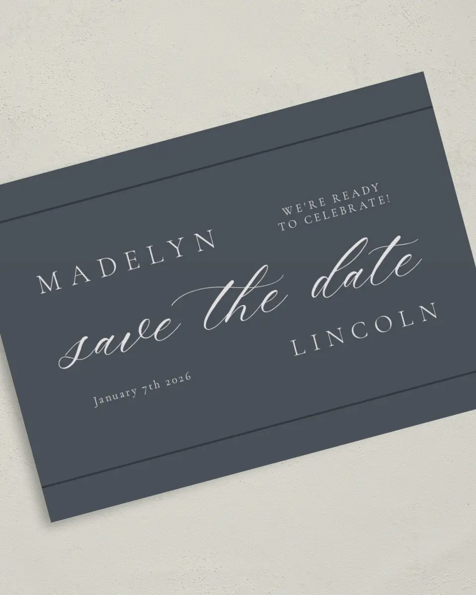 This is a 5" x 7" Save the Date Card called Subtle Wreath printed in full color on Premium Smooth paper