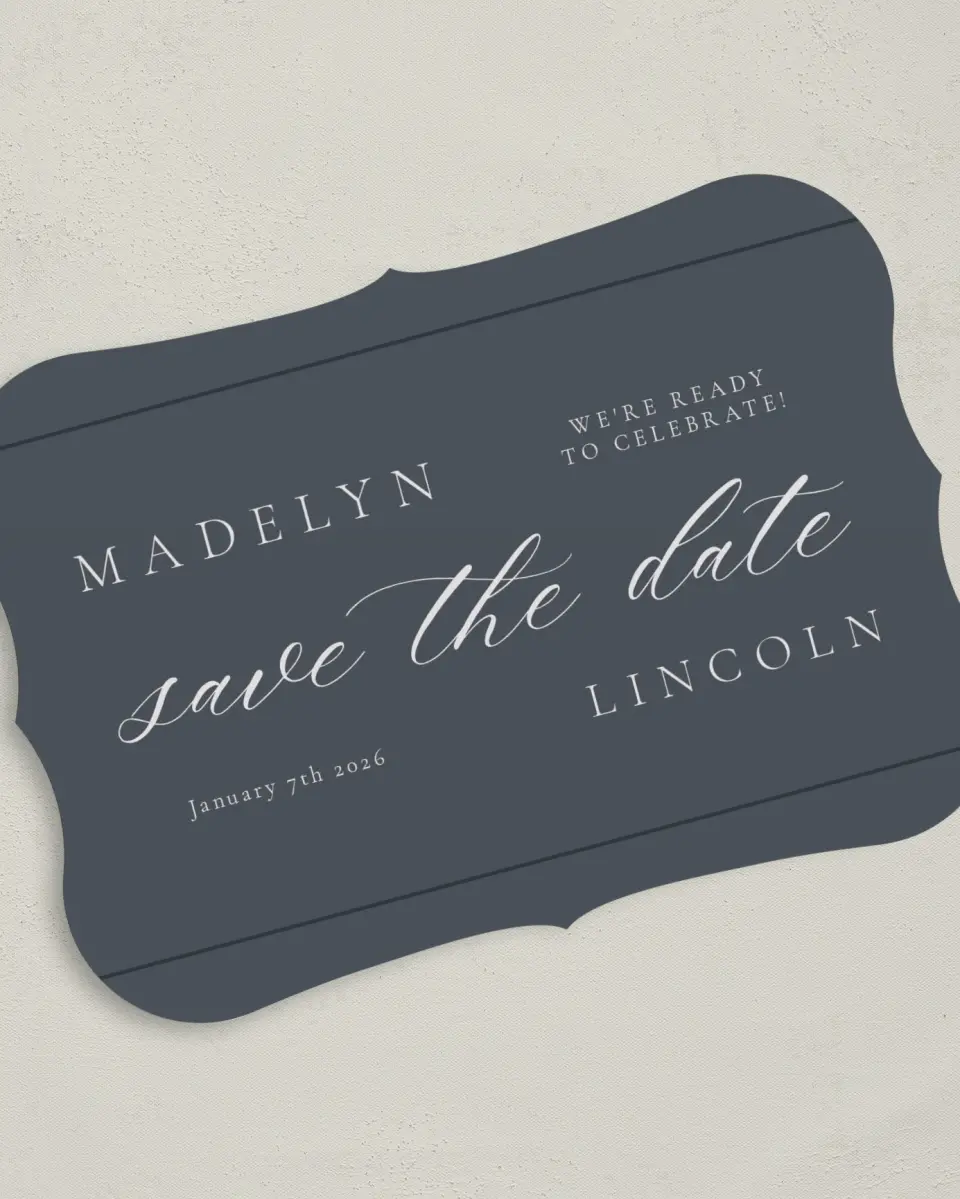 This is a 5" x 7" Save the Date Card called Subtle Wreath printed in full color on Premium Smooth paper