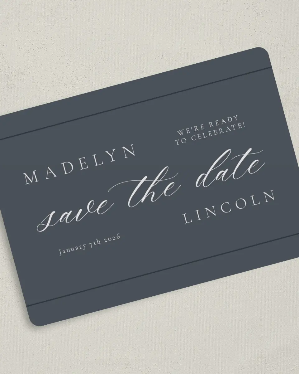 This is a 5" x 7" Save the Date Card called Subtle Wreath printed in full color on Premium Smooth paper