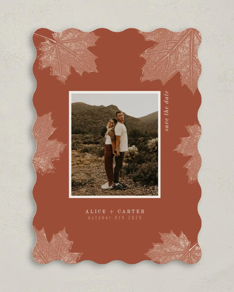This is a 5" x 7" Save the Date Card called Turning Leaves printed in full color on Premium Smooth paper