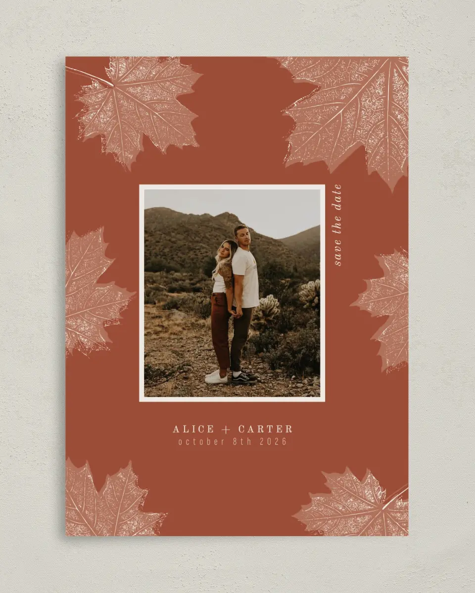 This is a 5" x 7" Save the Date Card called Turning Leaves printed in full color on Premium Smooth paper