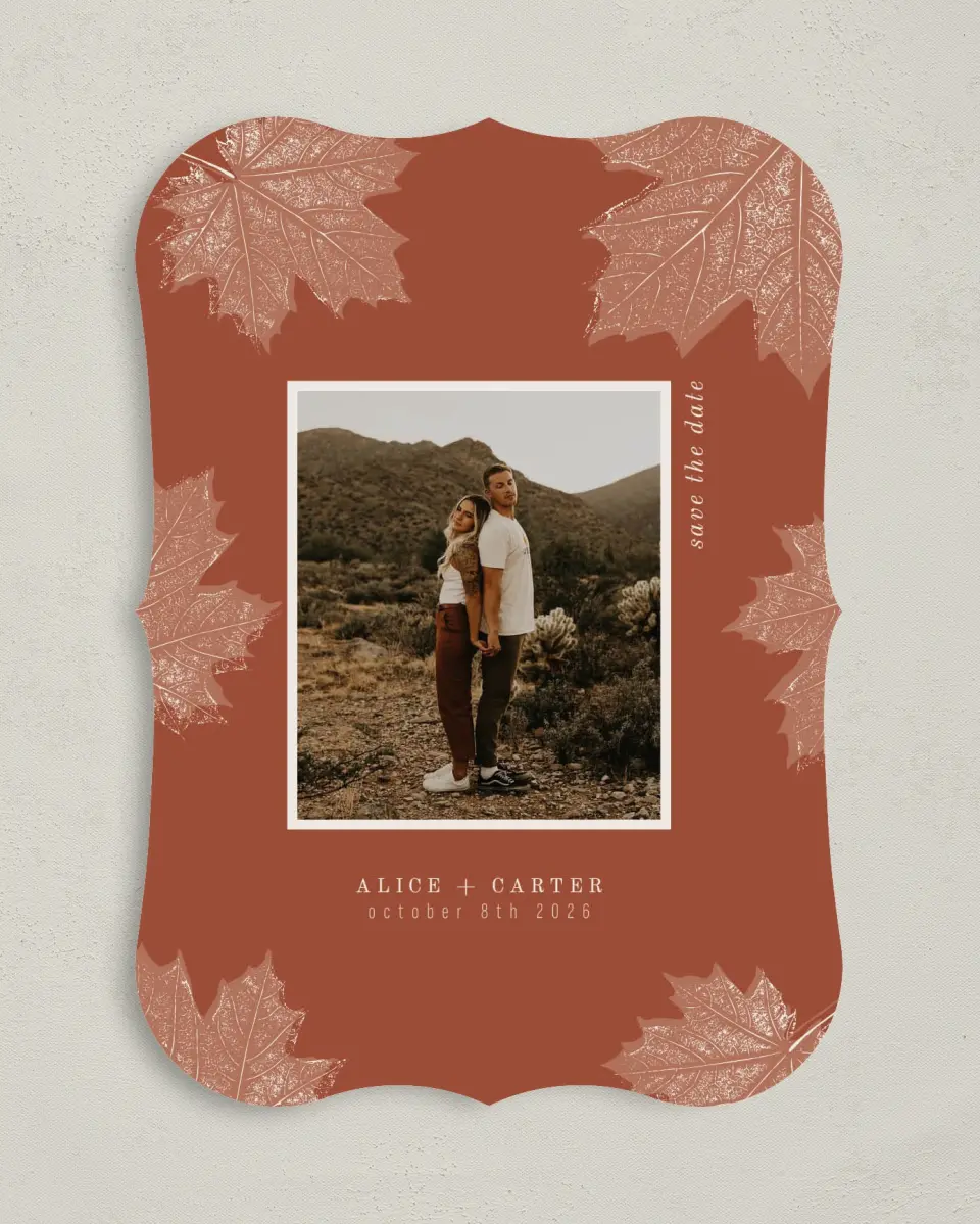 This is a 5" x 7" Save the Date Card called Turning Leaves printed in full color on Premium Smooth paper