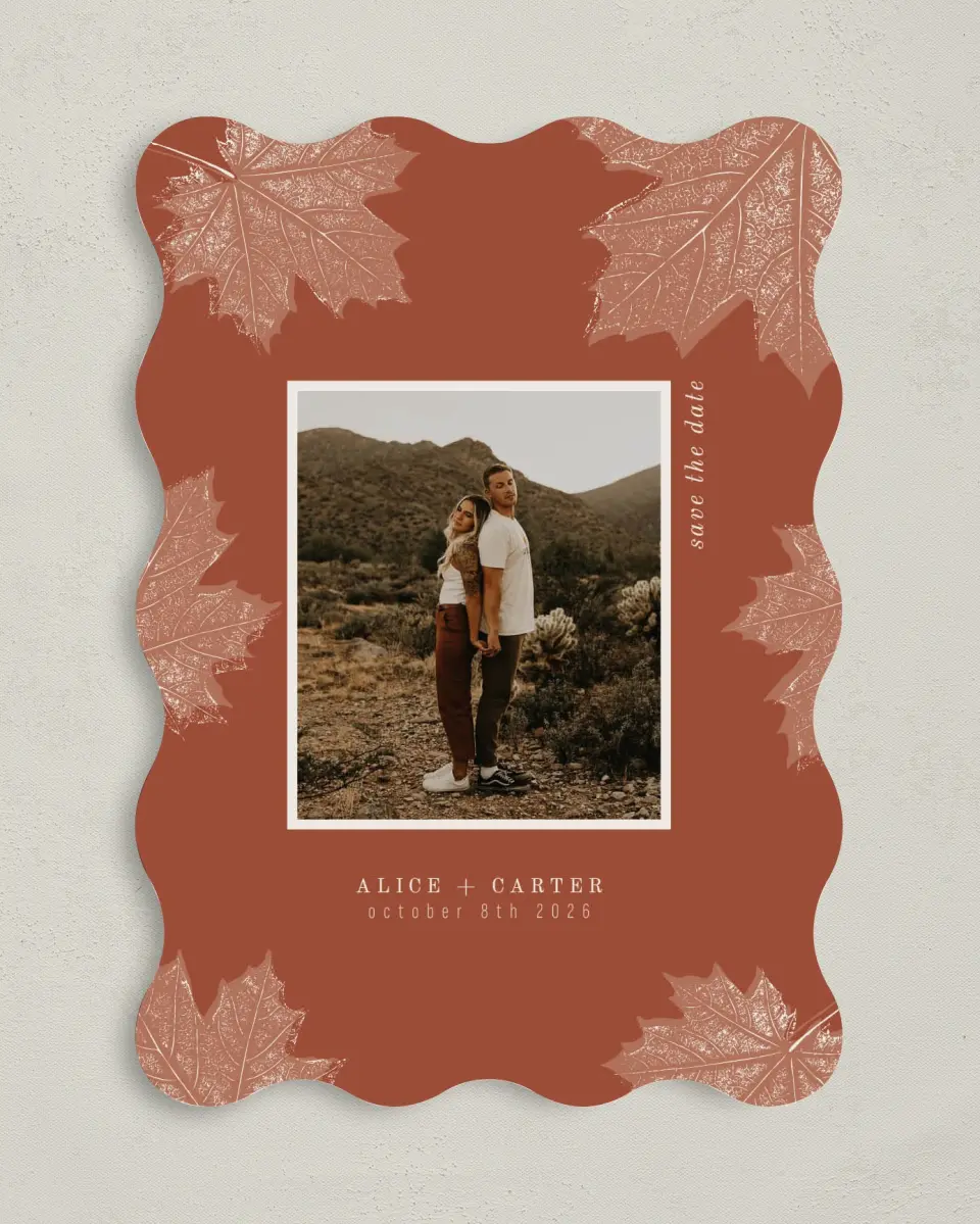 This is a 5" x 7" Save the Date Card called Turning Leaves printed in full color on Premium Smooth paper